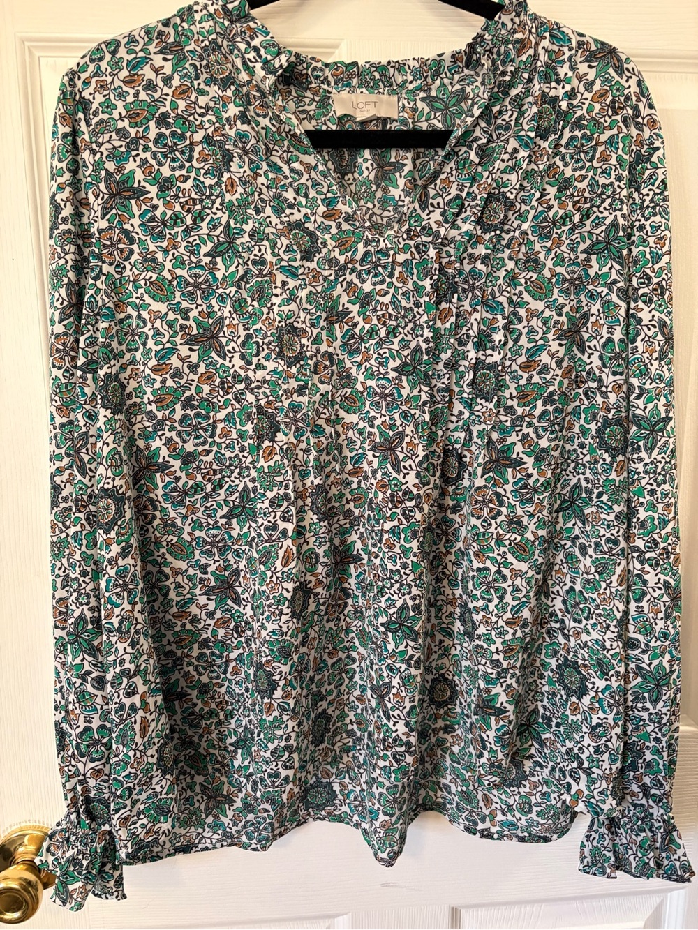 LOFT White Floral V-Neck Blouse with Green and Teal Accents